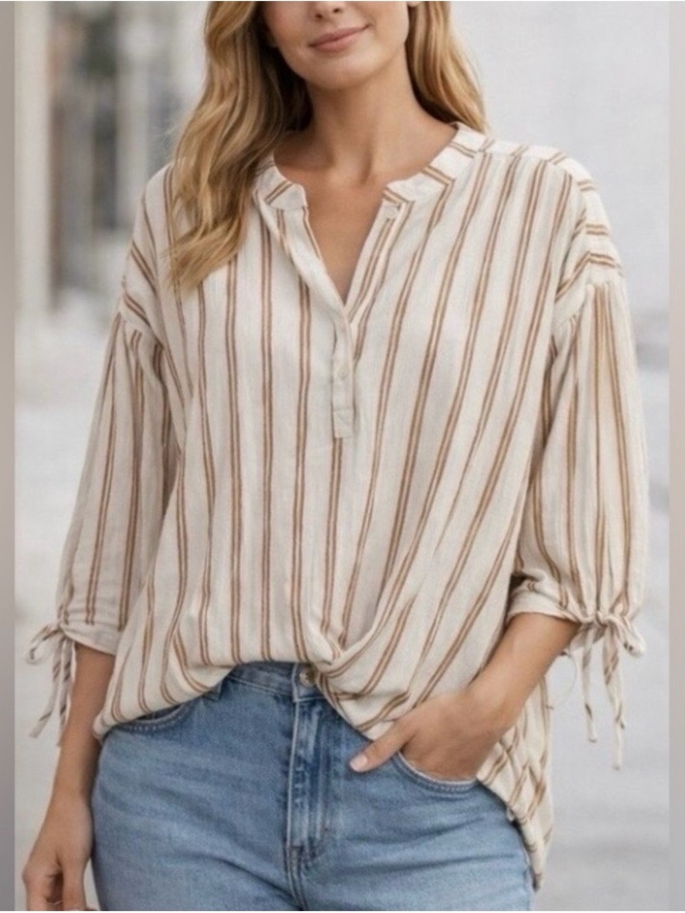 Treasure & Bond Striped Cotton Popover Boho Tie Sleeve Blouse